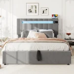 Double Bed with Storage & LED Lights – Beige Velvet - Image 21