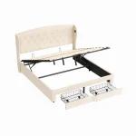 Double Upholstered Ottoman Bed with USB & Type-C Charging Station, 2 Storage Drawers – Beige, 200 x 144 x 116 cm - Image 9