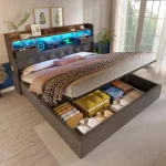 Upholstered Hydraulic Bed with LED Ambient Lighting – Grey