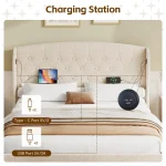Double Upholstered Ottoman Bed with USB & Type-C Charging Station, 2 Storage Drawers – Beige, 200 x 144 x 116 cm - Image 5
