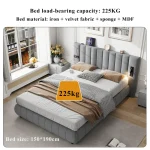 Upholstered King Size Bed with Built-In Stereo & Charging Ports, Velvet Iron Frame – Grey, 218 x 182 x 103 cm - Image 7