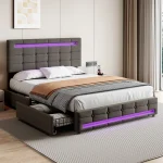Double Upholstered Bed with LED Lighting, Storage Drawers & Adjustable Headboard – Grey, 198.5 x 143 x 107.5 cm - Image 3