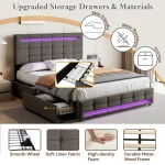 Double Upholstered Bed with LED Lighting, Storage Drawers & Adjustable Headboard – Grey, 198.5 x 143 x 107.5 cm - Image 4