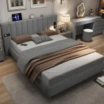 Upholstered King Size Bed with Built-In Stereo & Charging Ports, Velvet Iron Frame – Grey, 218 x 182 x 103 cm - Image 13