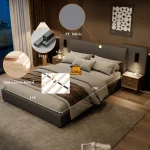 Upholstered Double Bed with Charging Port & LED Lighting – Grey Full-Size Bed - Image 5