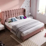 Upholstered Double Bed with USB and Type-C Charging Ports – Pink