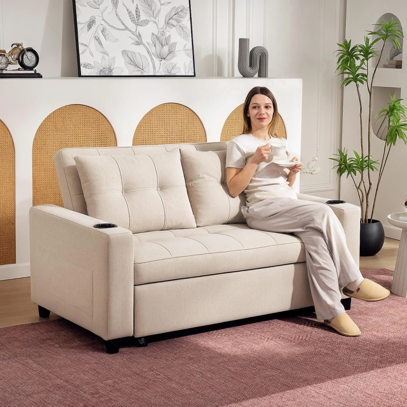 Qxwef3196c2fbc1b6.jpg HOMCOM Two-Seater Pull-Out Sofa Bed - Beige - Image 1