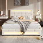 Double Bed with Storage & LED Lights – Beige Velvet - Image 10