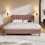 Upholstered Double Bed with USB and Type-C Charging Ports – Pink - Image 3