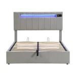 Double Bed with Storage & LED Lights – Beige Velvet - Image 6