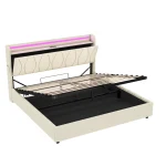5ft King Upholstered Bed Frame with Hydraulic Storage, Charging Station & RGB LED – Beige, 220 x 155 x 105 cm - Image 10