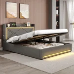 Double Upholstered Bed Frame with Hydraulic Storage, LED Lights & USB Type-C Charging Station – Grey, 210 x 141 x 110 cm - Image 2