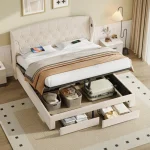 Double Upholstered Ottoman Bed with USB & Type-C Charging Station, 2 Storage Drawers – Beige, 200 x 144 x 116 cm