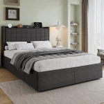 Grey Upholstered Bed Frame with 4 Storage Drawers