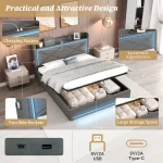 Double Upholstered Bed Frame with Hydraulic Storage, LED Lights & USB Type-C Charging Station – Grey, 210 x 141 x 110 cm - Image 3