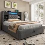 Linen Double Bed Frame with LED Lights & Storage – Grey - Image 11