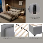 Upholstered Double Bed with Charging Port & LED Lighting – Grey Full-Size Bed - Image 3