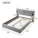 Upholstered King Size Bed with Built-In Stereo & Charging Ports, Velvet Iron Frame – Grey, 218 x 182 x 103 cm - Image 6