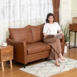 HOMCOM Faux Leather Marble-Effect Two-Seater Sofa - Brown - Image 2