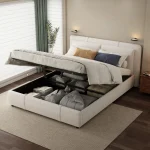 Upholstered Double Bed with Hydraulic Storage & Headboard – Beige Full-Size Bed, 210 x 159 x 90 cm - Image 2