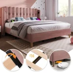 Upholstered Double Bed with USB and Type-C Charging Ports – Pink - Image 5