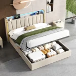 Double Upholstered Bed Frame with Hydraulic Storage, LED Headboard & USB Type-C Charging Ports – Beige, 214 x 150 x 110 cm - Image 7