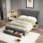 Upholstered Storage Bed with 4 Drawers & Soft Backrest – Grey