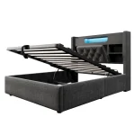 Linen Double Bed Frame with LED Lights & Storage – Grey - Image 4