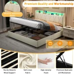 5ft King Upholstered Bed Frame with Hydraulic Storage, Charging Station & RGB LED – Beige, 220 x 155 x 105 cm - Image 2