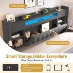 Linen Double Bed Frame with LED Lights & Storage – Grey - Image 5
