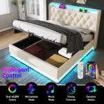 Upholstered Double Ottoman Bed with 360 Surround LED, USB Charging Port and Hydraulic Storage – White - Image 8