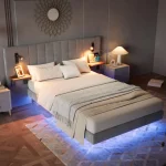 Upholstered Double Bed with Headboard Storage, LED Light Strip and Reading Light – Grey - Image 3