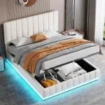 5ft Upholstered King Bed with Hydraulic Storage, RGB LED Lighting & Adjustable Headboard – Cream White, 203 x 157 x 111 cm - Image 7
