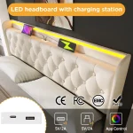Upholstered Double Ottoman Bed with 360 Surround LED, USB Charging Port and Hydraulic Storage – White - Image 10