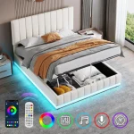 5ft Upholstered King Bed with Hydraulic Storage, RGB LED Lighting & Adjustable Headboard – Cream White, 203 x 157 x 111 cm - Image 6