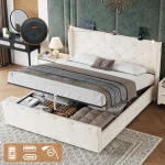 4ft6 Double Upholstered Bed with USB & Type-C Charging, Adjustable LED Reading Lights – Beige, 214 x 145 x 102 cm - Image 10