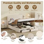 Double Upholstered Ottoman Bed with USB & Type-C Charging Station, 2 Storage Drawers – Beige, 200 x 144 x 116 cm - Image 2