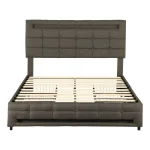 Double Upholstered Bed with LED Lighting, Storage Drawers & Adjustable Headboard – Grey, 198.5 x 143 x 107.5 cm - Image 7