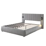 Upholstered King Size Bed with Built-In Stereo & Charging Ports, Velvet Iron Frame – Grey, 218 x 182 x 103 cm - Image 15