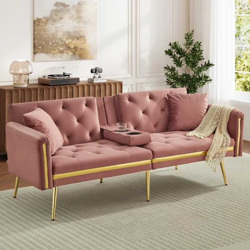 4W008419e8b615dee.jpg Pink Two-Seater Convertible Sofa Bed with Adjustable Backrest - Image 1