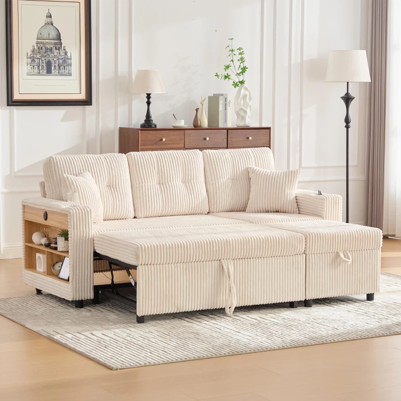 Erje8f19fcb6f6f5b.jpg Pull-Out Sofa Bed with Hidden Storage, Cup Holders & USB-C – Beige - Image 1
