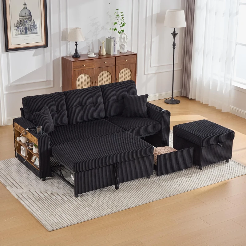 MaYbf019fcb6f6fd2.jpg Pull Out Sofa Bed with Hidden Storage & LED Lights – Black - Image 1
