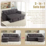 Charcoal Grey 3-in-1 Sectional Sleeper Sofa with Storage Chaise - Image 6