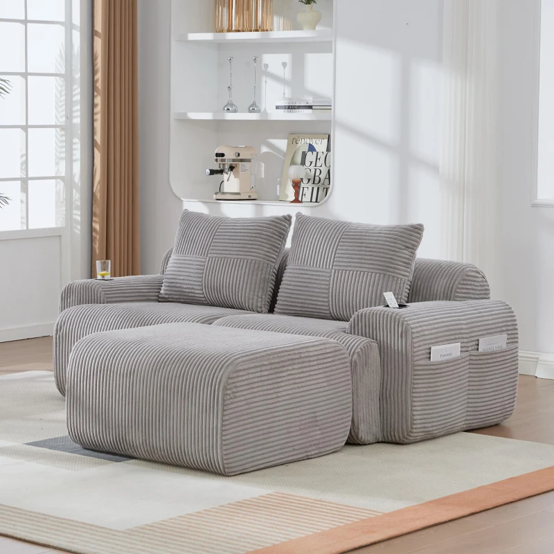 wZydd119f4a738872.jpg Modular 2-Seater Sofa with Plush Foam Seats & Built-In Cup Holder – Light Gray - Image 1